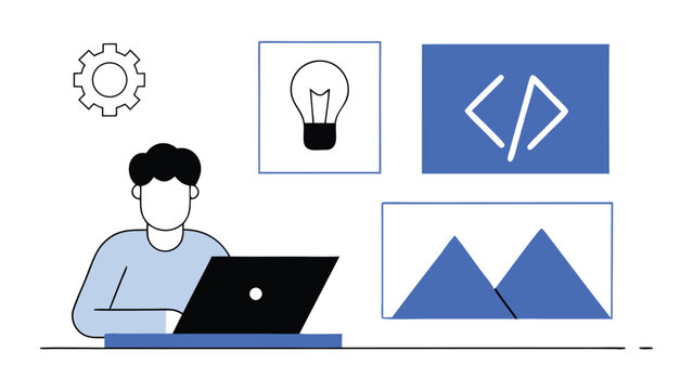 Programmer sitting with laptop abstract concept vector illustrations