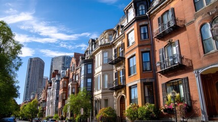 Fototapeta premium Charming Historic Brownstone Buildings Along City Street with Modern Skyscrapers in Background under Clear Blue Sky