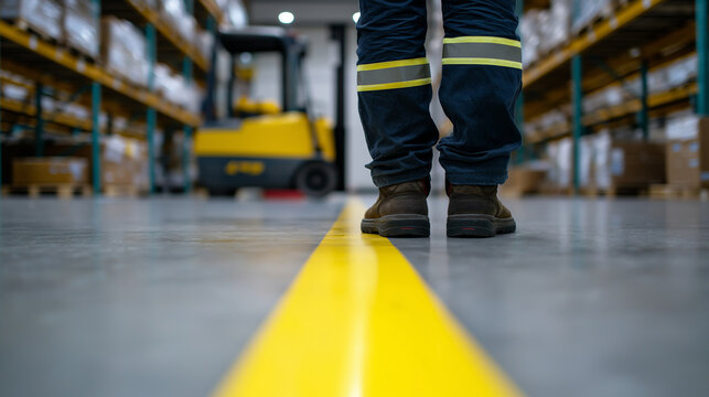 Worker walking along a marked yellow safety line inside a modern warehouse with forklift in background.
