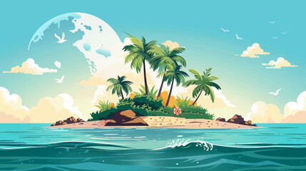 Obraz premium Cartoon island scene with palm trees ocean and moon suitable background