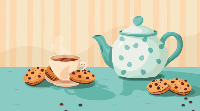 Cartoon illustration of a teapot with a cup of tea and cookies
