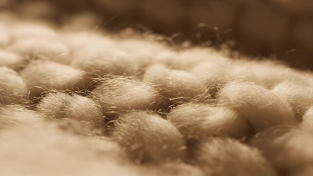 Close-up macro view of soft fluffy woolen textile fibers with subtle glowing particles and warm sepia lighting creating