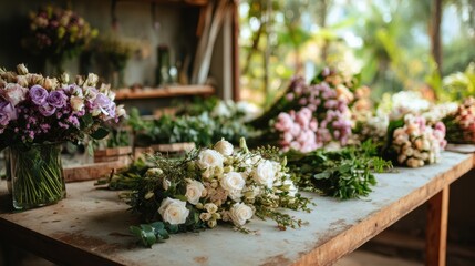 Bouquets and greenery are arranged on a table in a florist studio with natural light coming through the window highlighting the fresh flowers.