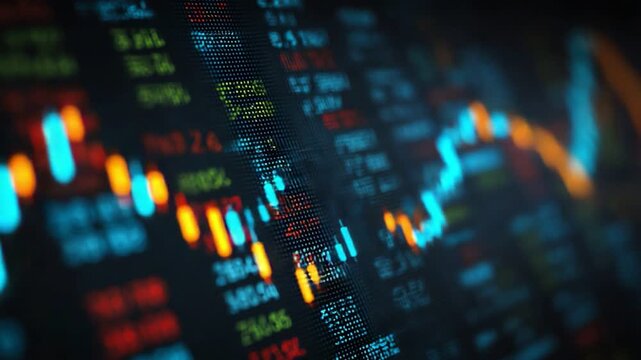 A dynamic close-up of a stock market graph displaying fluctuating trends and prices, highlighting the vibrant colors and movements in financial trading.