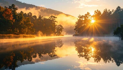 Fototapeta premium Golden Sunrise Over Misty Lake, Forest Reflection, Nature Serenity