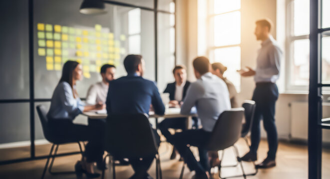 Blurred business team collaborating during morning meeting in modern sunlit office space with blurred bokeh effect