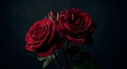 Fototapeta premium Close-up of Deep Red Roses on Black Background with Moody Dramatic Lighting