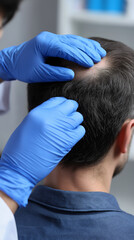 Fototapeta premium Doctor examining a patient's scalp for hair loss during a dermatology consultation.