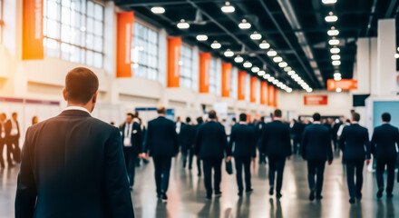 Fototapeta premium Blurred professional business crowd walking through modern convention center hallway with orange banners and natural light
