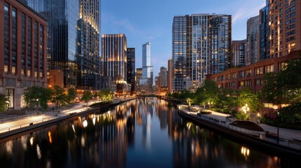 Scenic City Skyline at Twilight Over Tranquil River with Reflections and Illuminated Buildings