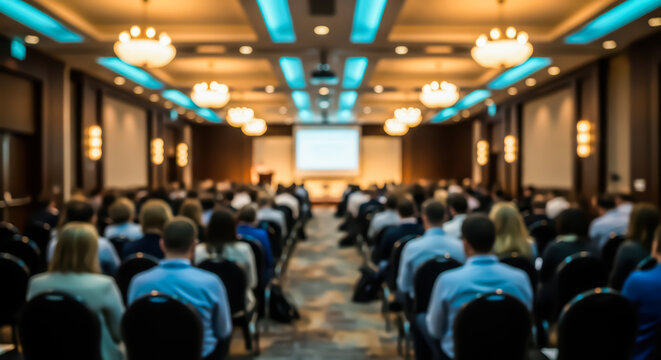 Blurred professional business conference hall with blue lighting and rows of attendees during corporate presentation