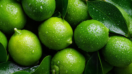 Fresh green limes with leaves covered in water droplets representing natural citrus fruit and freshness.