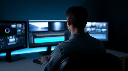 Obraz premium Security analyst monitoring multiple computer screens in a control room for cybersecurity and data surveillance.