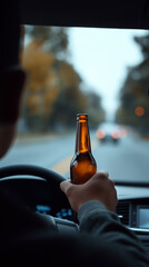Driver holding a bottle of alcohol while driving a car on an open road symbolizing drunk driving danger.