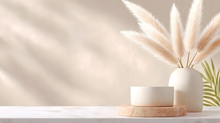 Soft light and shadows enhance a minimalist interior vignette with a cream vase of pampas grass and a decorative stone podium on a marble surface