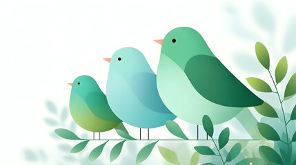 A charming minimalist illust n depicting three whimsical birds in soft green and blue hues resting on a delicate branch with vibrant leaves evoking peace and nature s charm