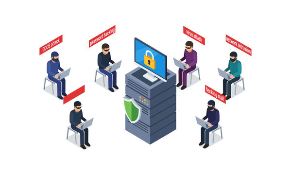 Isometric illustration of hackers attempting to breach a secure server with a padlock icon on its screen.