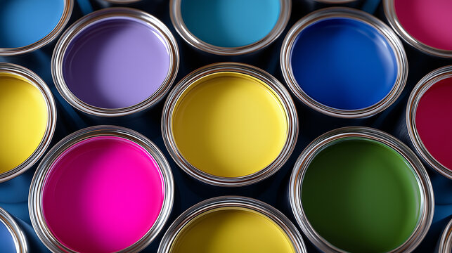 Open cans of colorful paint arranged in a vibrant palette pattern.