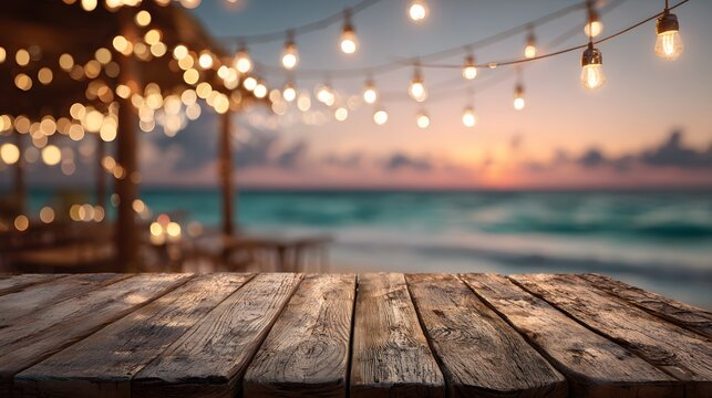 Romantic empty wooden table at a chic beachside bar at sunset illuminated by warm overhead string lights with a softly blurred ocean view.