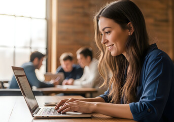 Fototapeta premium A woman sits at a desk with a laptop in a classroom setting