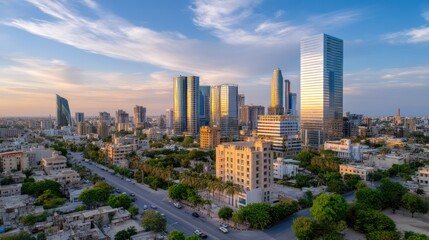 Naklejka premium Vibrant Cityscape with Modern Architecture and Urban Life under a Clear Sky at Sunset