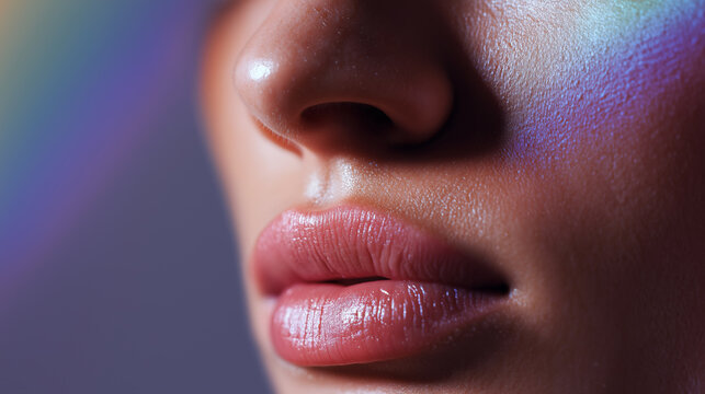 Close-up of glossy lips illuminated by colorful rainbow prism light on a woman's face.