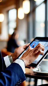 Businessman in a modern cafe participates in a video conference call on his tablet showcasing remote work and digital communication for business meetings