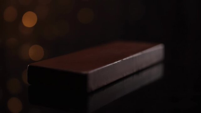 A delicious chocolate bar with a rich, dark color and smooth texture, ready to be enjoyed. The lighting highlights its delectable features