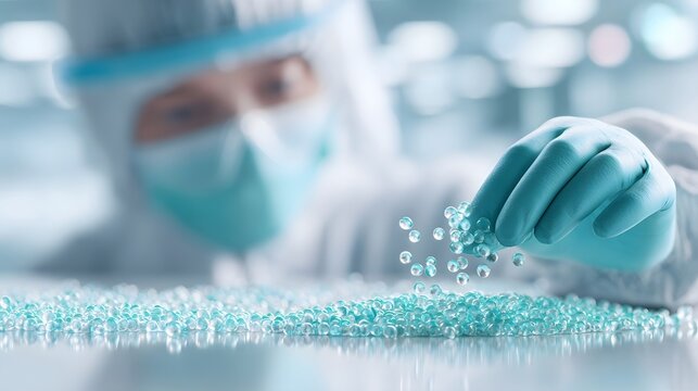 A researcher wearing a protective suit mask and gloves meticulously inspects numerous tiny clear granules or beads indicative of scientific material analysis or control in a cleanroom environment