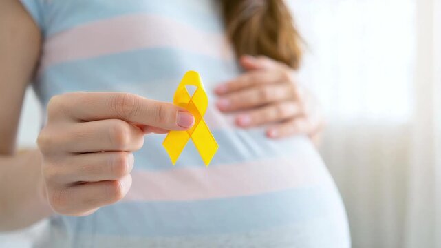 Yellow ribbon held by pregnant woman, endometriosis awareness, pelvic health, women's reproductive health, supporting endo warriors, raising awareness about chronic pain, infertility challenges
