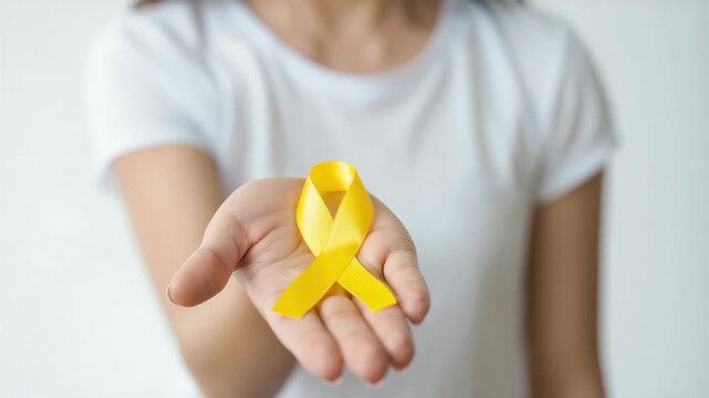 Yellow awareness ribbon in woman hand for endometriosis awareness month, chronic pelvic pain support, painful periods education, infertility journey, hormone imbalance, inflammation, health advocacy