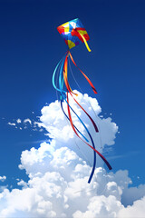 Freedom and childhood. Colorful kite flying in blue sky with white clouds.