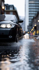 Naklejka premium Black car driving on wet city street during rain with reflections on asphalt representing urban transportation.
