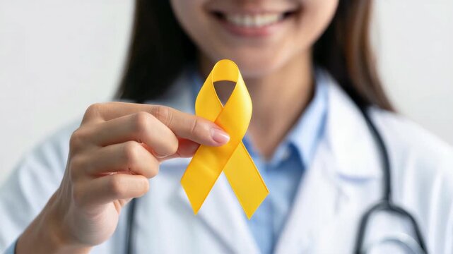 Yellow ribbon for endometriosis awareness held by healthcare professional, promoting advocacy for women's health, increasing visibility of reproductive issues, empowering through education