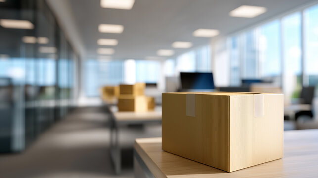 Office worker packing belongings into cardboard box while leaving workplace during company layoffs and restructuring.