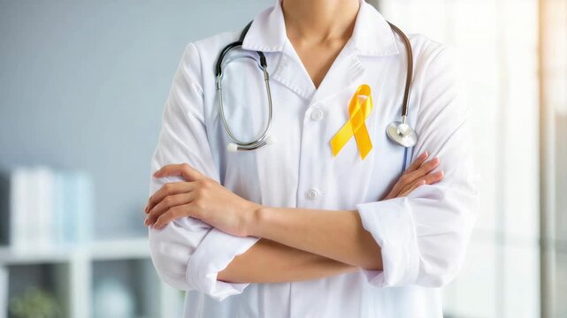 Doctor with yellow ribbon, stethoscope, endometriosis awareness month, endo warrior advocacy, pelvic pain management, infertility care, diagnostic delay concern, excision surgery, empathy
