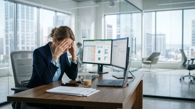 Stressed businesswoman overwhelmed by data on computer screens in modern office