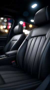 Modern luxury black leather car seats inside premium vehicle interior representing comfort and automotive design.