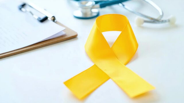Yellow ribbon symbolizing endometriosis awareness, medical context with stethoscope and clipboard, highlighting health issues related to chronic pelvic pain and infertility, endo warrior strength