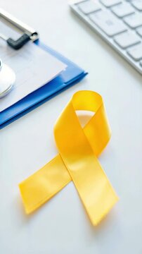 Yellow awareness ribbon on medical desk with stethoscope and clipboard, endometriosis awareness month, chronic pelvic pain support, infertility resources, diagnosis delay, excision surgery