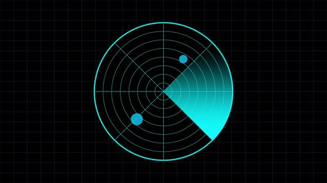 Blue neon cyber radar sweep scanning holographic grid interface with glowing signals. Futuristic detection system animation seamless loop.
