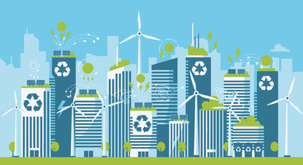 Fototapeta premium Eco-Friendly City Landscape with Green Buildings, Wind Turbines, Solar Panels, and Recycling Symbols under Blue Sky, Illustrating Urban Sustainability