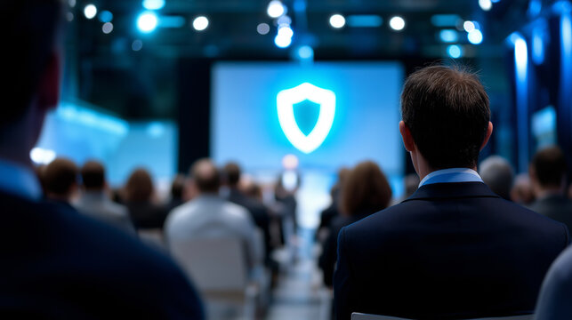 Business conference audience watching cybersecurity presentation with digital shield symbol on screen.