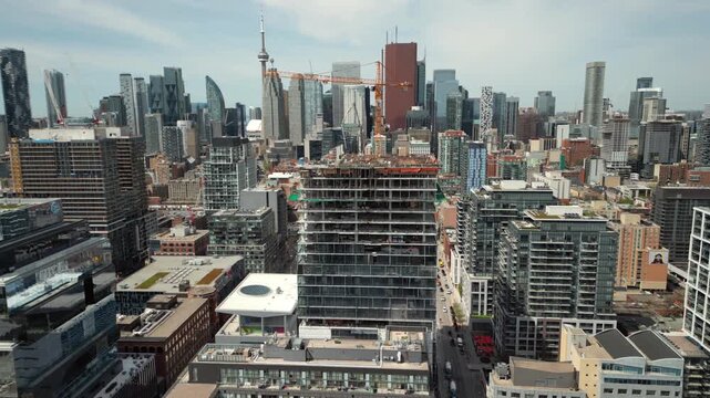 Downtown Toronto Condo Development Boom Captured from Above with Tower Cranes and City Skyline