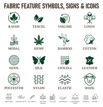 Fabric Material and Textile Feature Icon Set. Apparel Fiber Symbols, Performance Properties and Fabric Type Icons for Garment Tags, Care Labels, Sportswear and Clothing Design