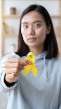 Yellow awareness ribbon held by individual for endometriosis awareness, support for women with endometriosis, recognition of symptoms, importance of early diagnosis, promoting health education