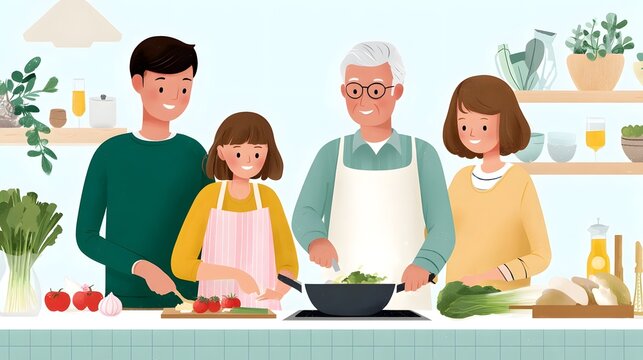 A smiling family including parents and grandparents collaborates in a kitchen to prepare fresh vegetables demonstrating intergene nal bonding and a healthy lifestyle