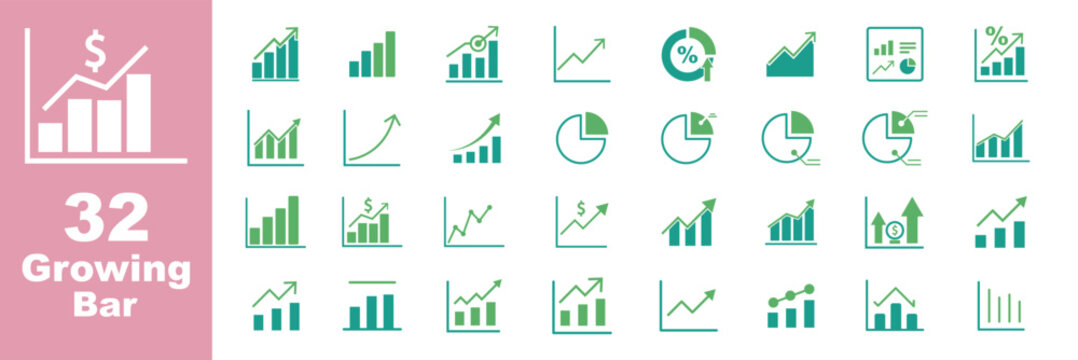 Growing bar graph icon set. Business graphs and charts icons. Statistics and analytics vector icon. Statistic and data, charts diagrams, money, down or up arrow Growth icon set. Containing arrow up,
