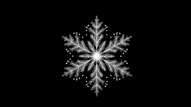 Close up view of a hexagonal crystalline snowflake featuring intricate icy branches and sparkling white details against a deep black void evoking a sense of cold delicate beauty and winter s ry