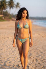 A confident South Asian woman in a patterned bikini walks along a golden tropical beach in warm evening light, creating a relaxed travel and resort lifestyle scene.